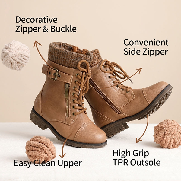 Girl's Mid Calf Combat Boots - CAMEL - 1